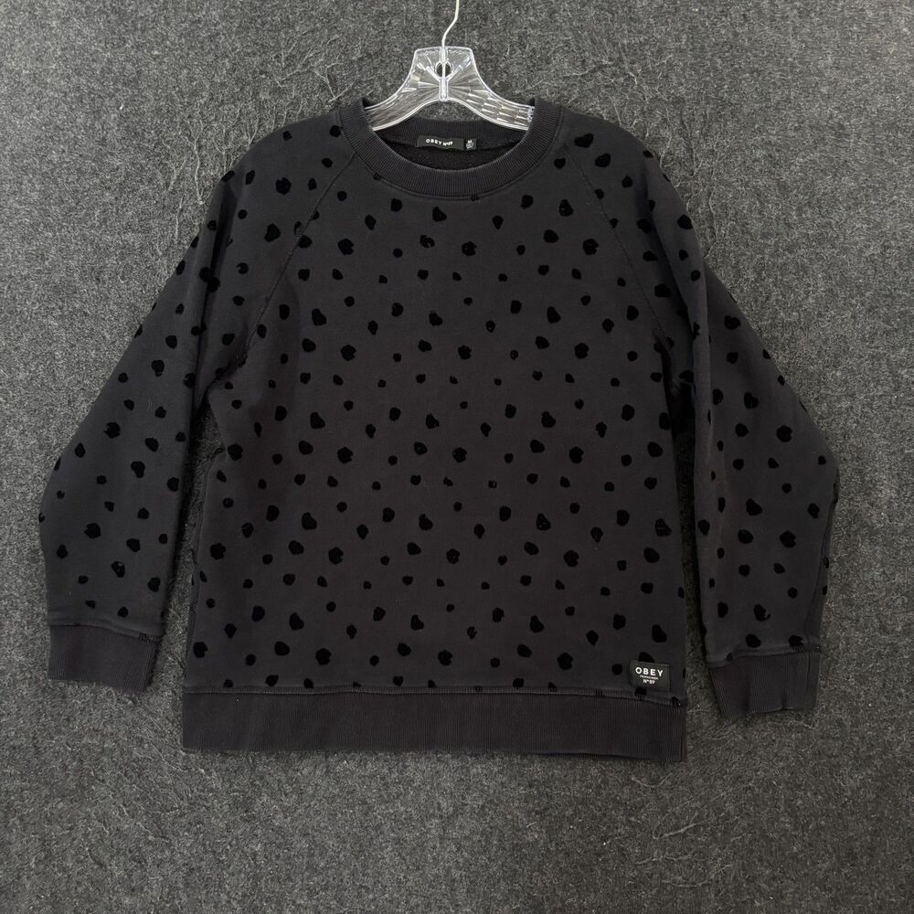 Obey Sweatshirt Women's Medium Gray Black Polka Dot Fleece Crewneck Pullover